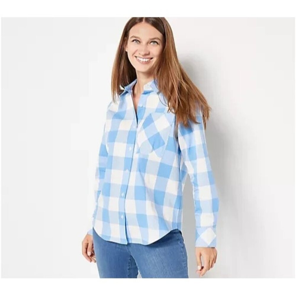 Studio Park x Leah Williams  Poplin Button Front Shirt Blue Check Small A496885
